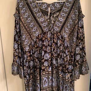 Free People Blue and Black Blouse with Bohemian Flair